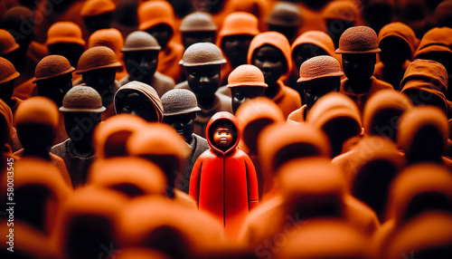 red figurine of a man stands aside from the crowd of people wooden, different concept, Generative ai