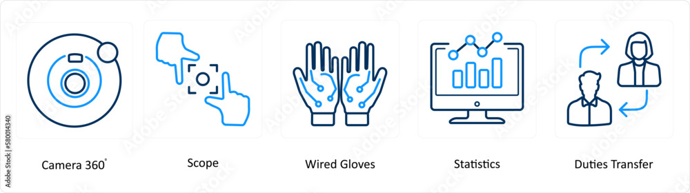 A set of 5 Virtual Reality icons as camera 360, scope, wired gloves A set of 5 Virtual Reality icons as camera 360, scope, wired gloves