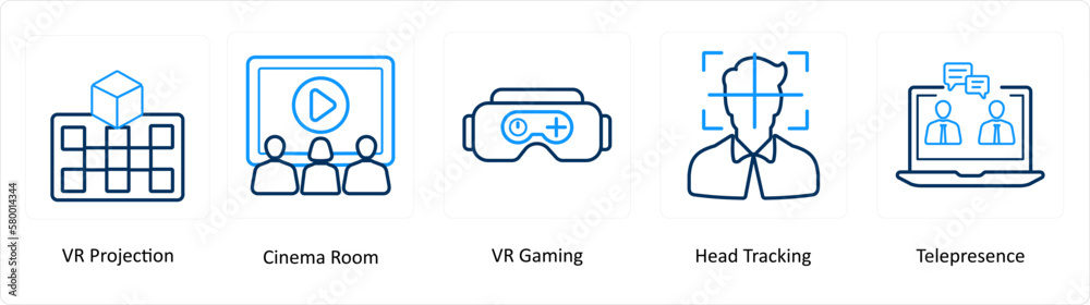 A set of 5 Virtual Reality icons as vr projection, cinema room, vr gaming A set of 5 Virtual Reality icons as vr projection, cinema room, vr gaming