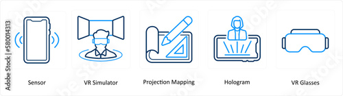 A set of 5 Virtual Reality icons as sensor, vr simulator, projection mapping