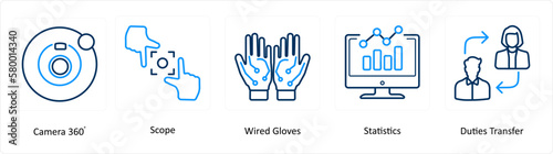 A set of 5 Virtual Reality icons as camera 360, scope, wired gloves