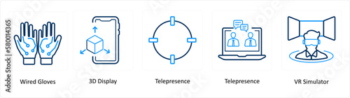 A set of 5 Virtual Reality icons as wired gloves, 3d display, telepresence