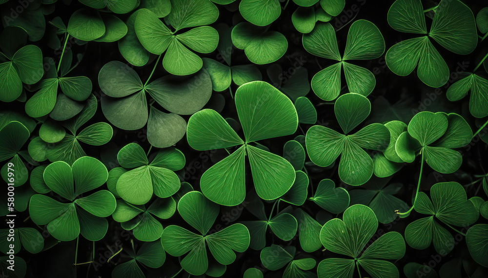 a green cylinder and clover are a symbol of the celebration of Saint Patrick Day. background of four leaf clover.generative AI