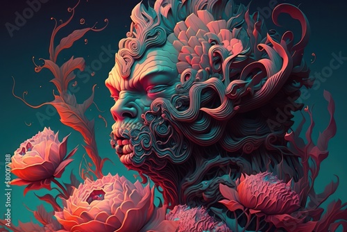 Surreal Illustration of a portrait with flowers. Generative AI