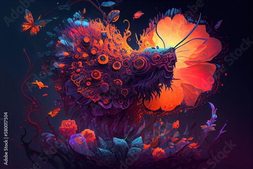 Abstract Surreal Illustration with flowers and butterflies. Generative AI
