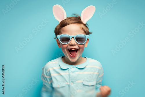 happy fun boy wearing easter bunny ears and sunglasses against a blue background. Generative ai © ink drop