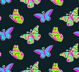 Groovy seamless pattern with abstract neon butterflies on black background. Colorful background. Vector illustration
