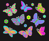Retro Butterfly 70s 60s Groovy vector illustration set isolated on white. Boho Neon butterflies on black background.