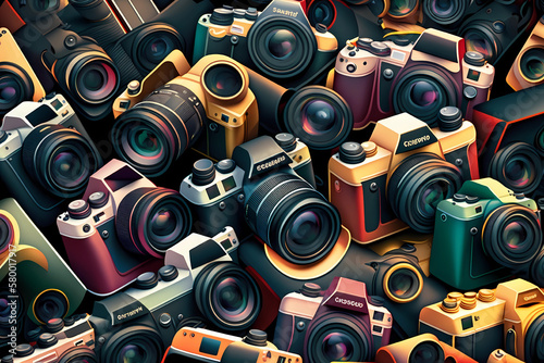 many digital DSLR professional cameras point in different directions, sizes, crowded, surreal, modern, optical illusion, colorful, depth, realistic. generative AI