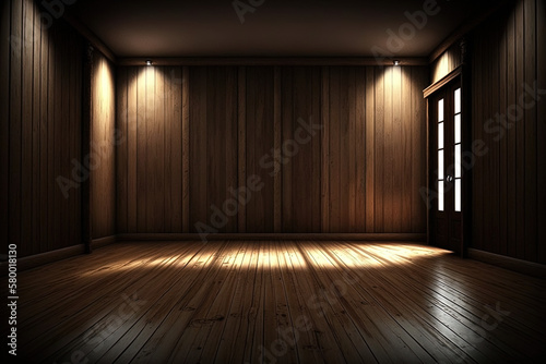 Dunkler leerer Raum aus braunem Holz mit Lichtspot, Holzraum © Stephan