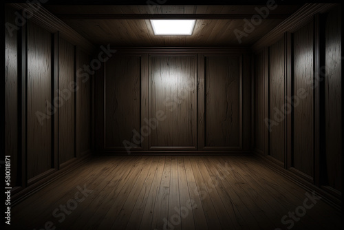 Dunkler leerer Raum aus braunem Holz mit Lichtspot  Holzraum