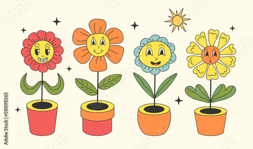 Groovy cartoon flowers in flowerpots with funny smiling faces, chamomile characters. Camomile happy emotion.