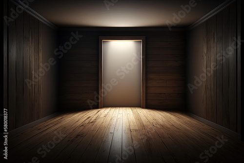 Dunkler leerer Raum aus braunem Holz mit Lichtspot, Holzraum © Stephan