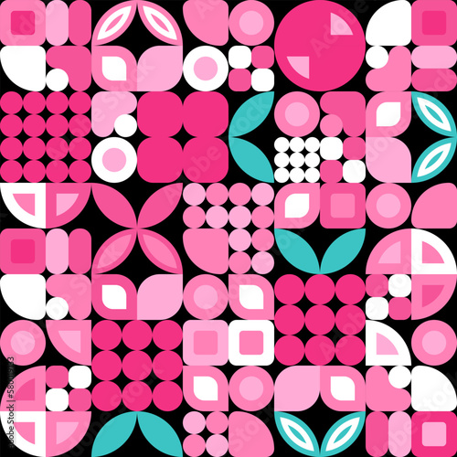 Bauhaus abstract geometric seamless pattern background, vector berries, green leaves. Minimalist art of fruits with simple shapes square, circle, triangle raspberry in Scandinavian style for banner