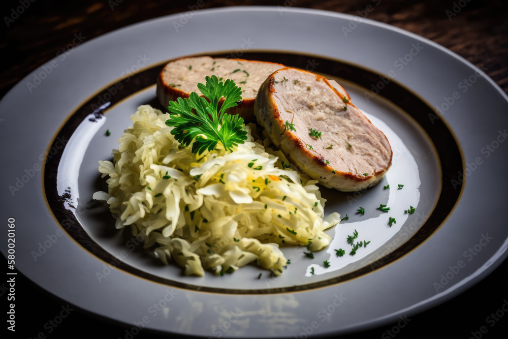 Sausage with Sauerkraut popular dish in Germany, with white sausage and