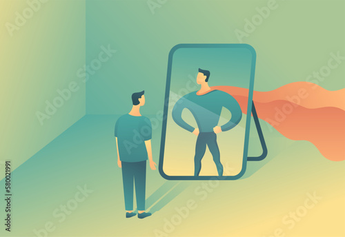 Self-esteem - person and superhero in the mirror