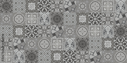 Traditional ornate portuguese decorative tiles, gray colors. Mega Gorgeous seamless patchwork pattern from colorful Moroccan, Portuguese tiles, Azulejo, ornaments.