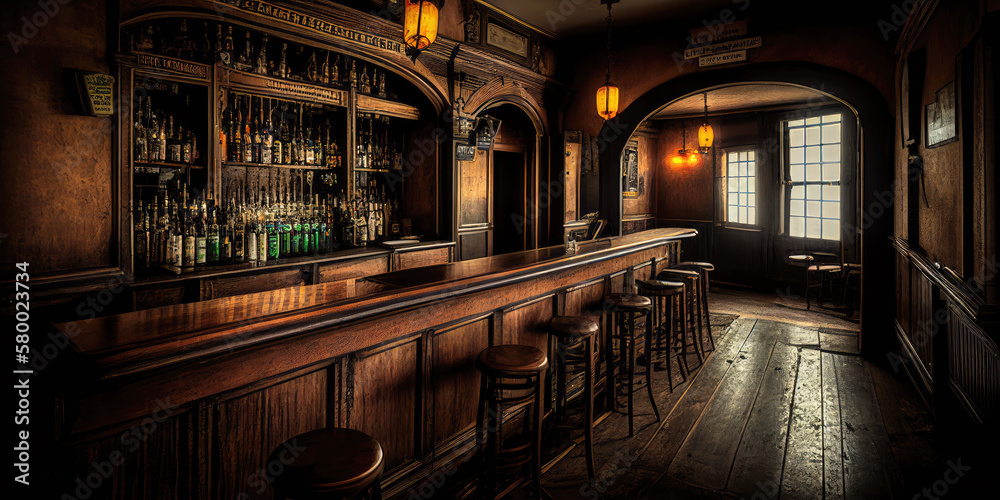 Old bar scene.  Traditional or British style bar or pub interior, with wooden paneling and countertops. Generative AI. - obrazy, fototapety, plakaty 