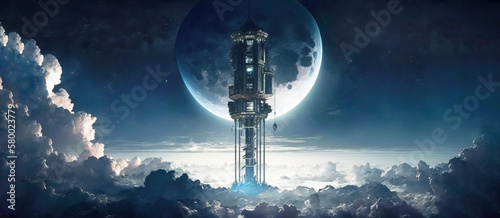 Fototapeta Naklejka Na Ścianę i Meble -  Space elevator.  A large tower extending above the atmospherical clouds. A space station or Space transit gateway. Moon in the background. Future technoloigies. Generative AI.