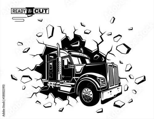  Classic american semi truck. Isolated vehicle with crashed wall, hole crash on white background. Ready for printing and cutting (Cricut, Silhouette, Cameo). 