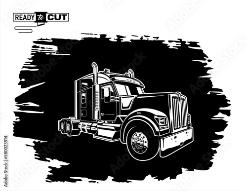  Classic american semi truck. Isolated vehicle on black grunge vintage background. Ready for printing and cutting (Cricut, Silhouette, Cameo). 