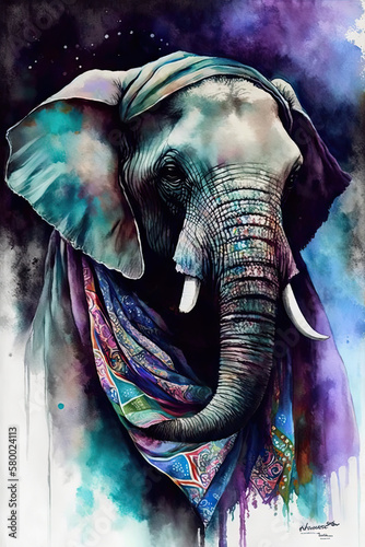 Elephant wearing Bandana  Psychedelic Illustration. Generative AI