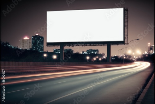 Blank advertising billboard in a large-scale square outdoor highway with white light. Concept of the media with empty screen at night time. Finest generative AI. photo