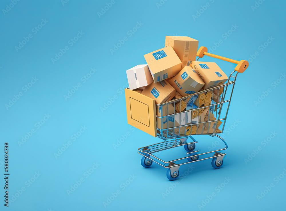 Shopping cart with boxes on a blue background. Copy space for text or design. Sale, discount, shopping and delivery concept. consumer society trend. generative AI Shopping cart with boxes on a blue background. Copy space for text or design. Sale, discount, shopping and delivery concept. consumer society trend. generative AI