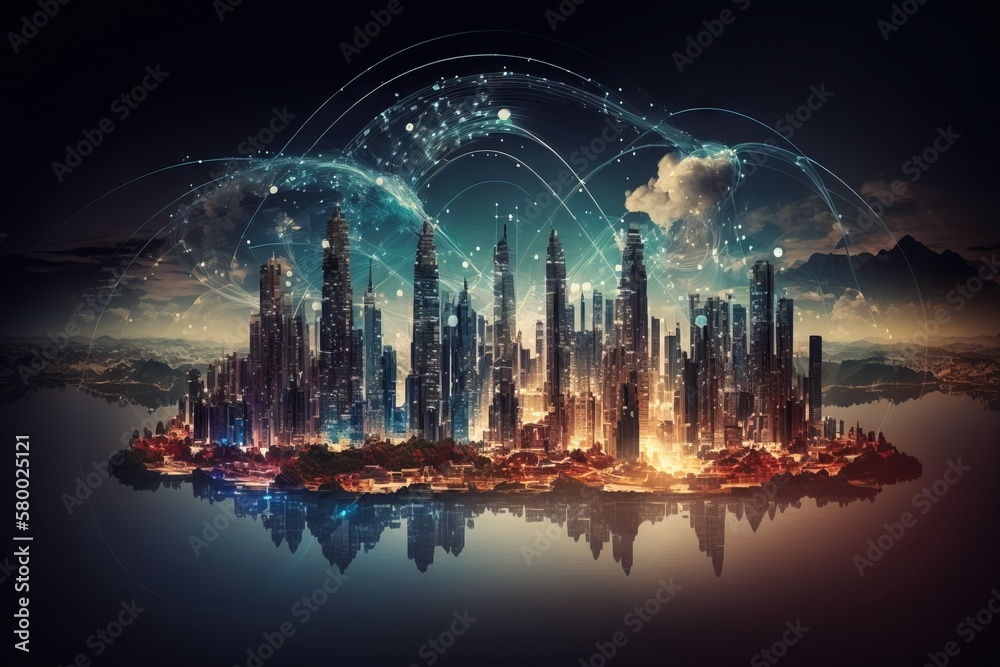 Smart city concept. Double exposure of Megapolis and glowing network grid