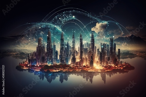 Smart city concept. Double exposure of Megapolis and glowing network grid