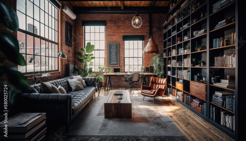 Library interior, industrial style, brick walls, vintage decoration, natural light. Ai Generative