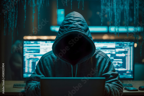 Dangerous hooded hacker breaks into company network cyber security concept.