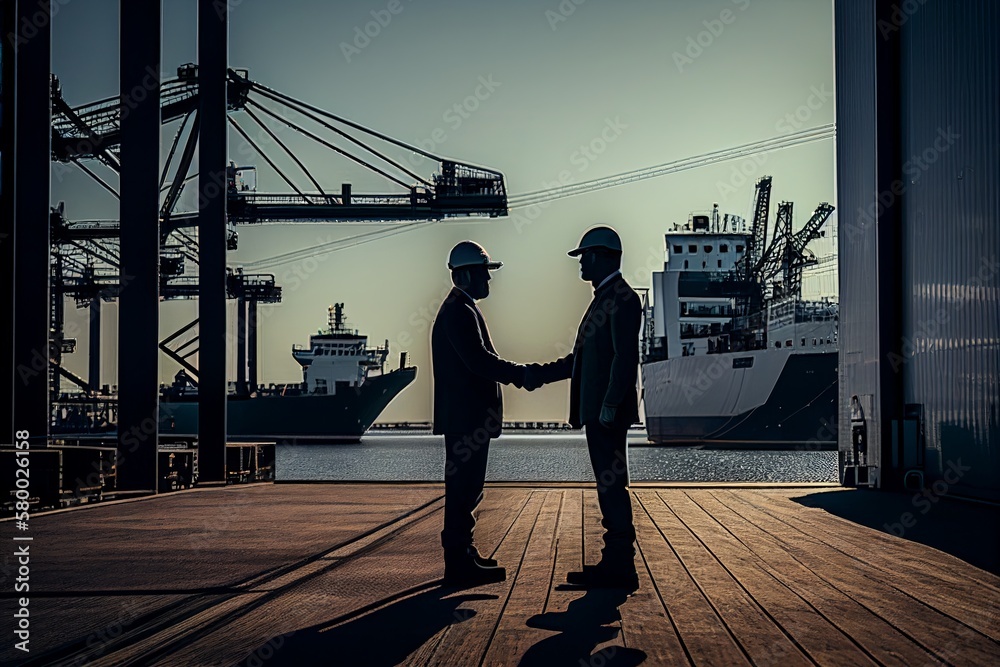 Business people shaking hands at port with container ship loading and ...