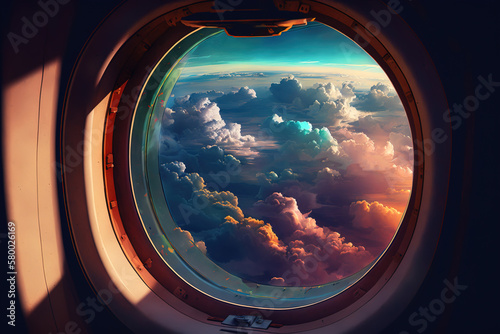 Airplane window. Beautiful clouds view. AI Genarative Illustration