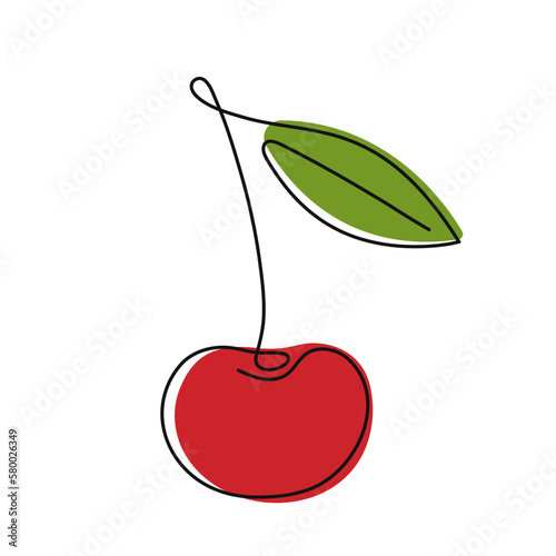 Cherry. Continuous single line drawing of one berry with a leaf. minimalistic line art with bright accent spots.