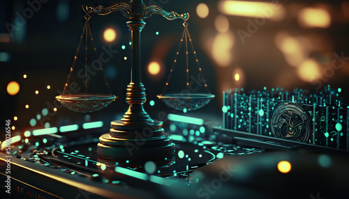 Law scales on background of data center. Digital law concept of duality of Judiciary, Jurisprudence and Justice and data in the modern world. Copy space. Based on Generative AI