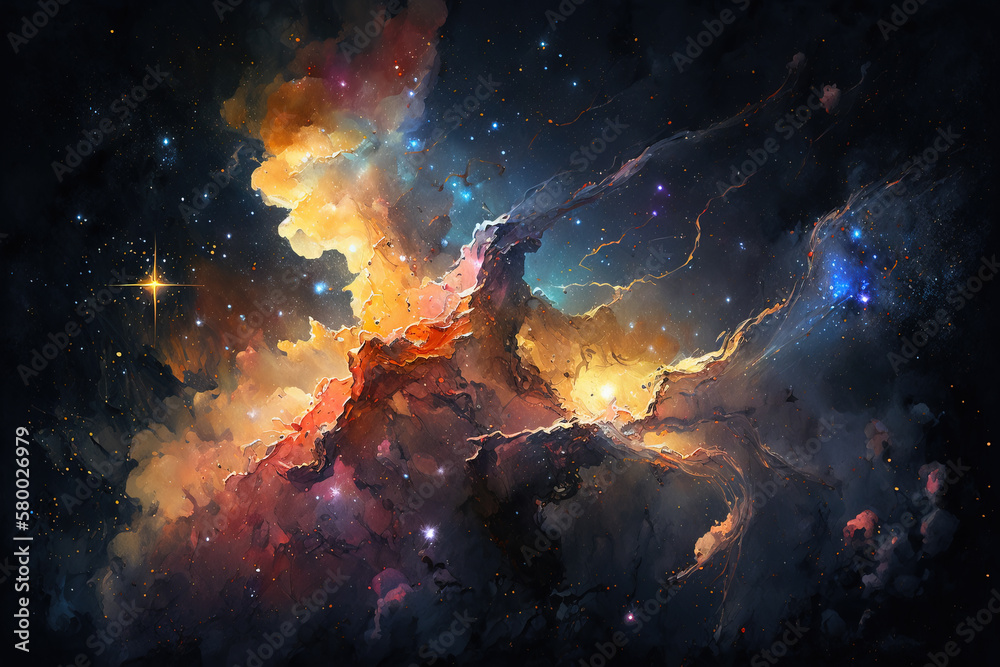 Watercolor glowing space with stars. Fantasy galaxy generative AI background