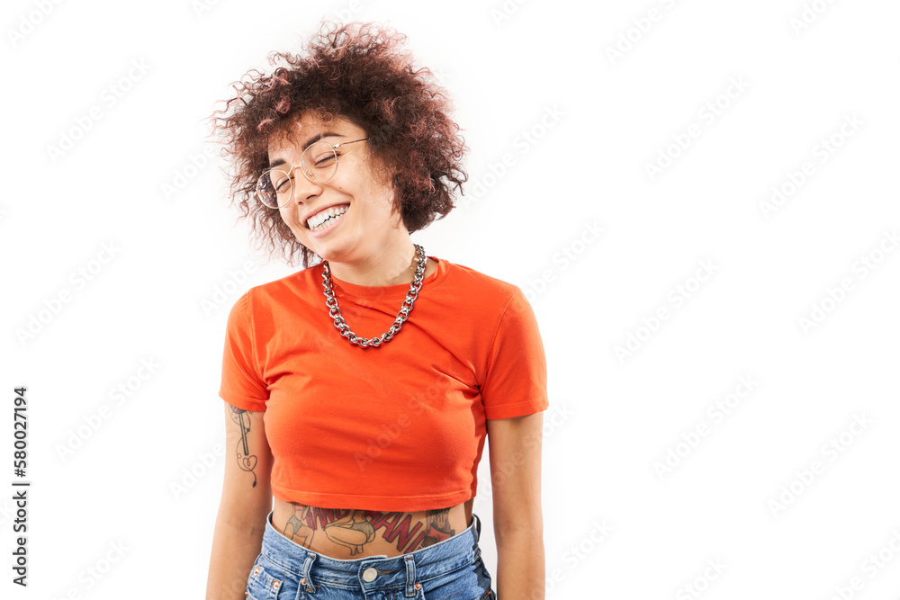 Close-up Portrait of cool happy kazakh model girl with curls, tattoo and chain laughing and smiling isolated on white studio background Close-up Portrait of cool happy kazakh model girl with curls, tattoo and chain laughing and smiling isolated on white studio background