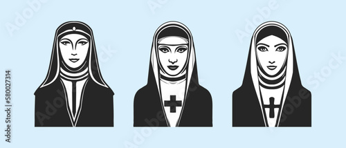 Vector set of monochrome black and white beautiful nice nuns. Stickers, logos or icons. Religion and culture.