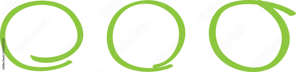 Green circle set, pen draw. Highlight hand drawing circle isolated on background. Handwritten green circle. For marking text, numbers, marker pen, pencil, logo and text check, vector illustration