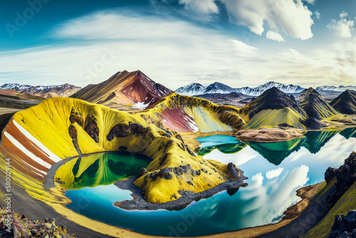 Vue panoramique sur les montagnes volcaniques colorées de rhyolite - Générative IA photo