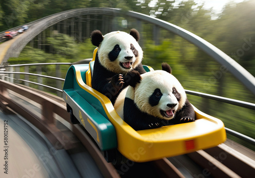 two funny crazy scared smiling panda bears sitting in yellow car riding roller coaster at hight speed, blurry background with tracks and trees, generative AI
