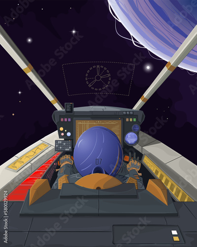 View from the cockpit of the spacecraft. Flight in space, future technologies, HUD, astronaut pilot, open space, stars, planet. Science fiction, cartoon, comic books, hand drawn. Vector illustration.
