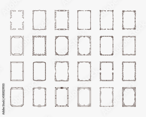 Decorative frames. Vintage ornate rectangular frames with vignette. Art deco modern frames. Interlacing elements and swirls. Plant design, retrofuturism, ethnic, antique, wedding. Isolated vector set.