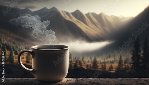 Cup of hot coffee on background of picturesque mountains. Based on Generative AI