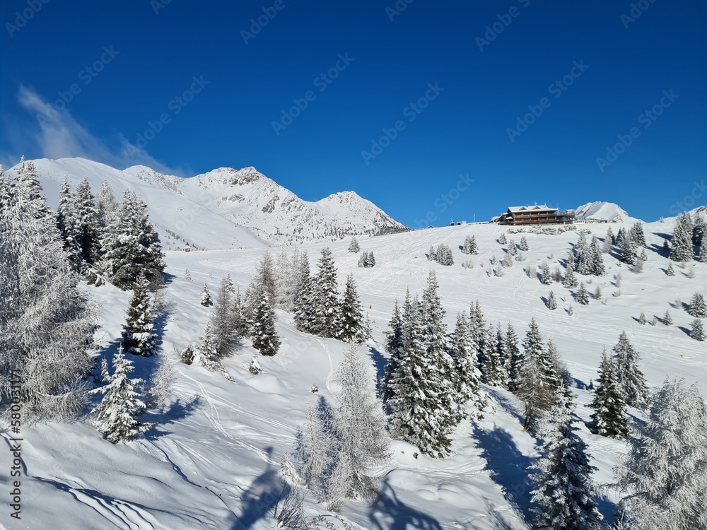 Fantastic evening winter landscape. Awesome Beautiful Mountain tourism vacation. Panoramic view of ski slope and amazing Italian Alps mountains in beautiful winter snow, Vals, Jochtal, Italy, Europe