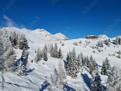Fantastic evening winter landscape. Awesome Beautiful Mountain tourism vacation. Panoramic view of ski slope and amazing Italian Alps mountains in beautiful winter snow, Vals, Jochtal, Italy, Europe © Cornelia