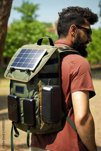 Generative AI illustration of tourist wearing hiking backpack with solar panels photo