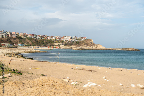 Fototapeta Naklejka Na Ścianę i Meble -  Public beach in Karaburun neighborhood of Istanbul province in Turkey.