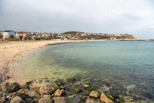 Fototapeta Naklejka Na Ścianę i Meble -  Public beach in Karaburun neighborhood of Istanbul province in Turkey.